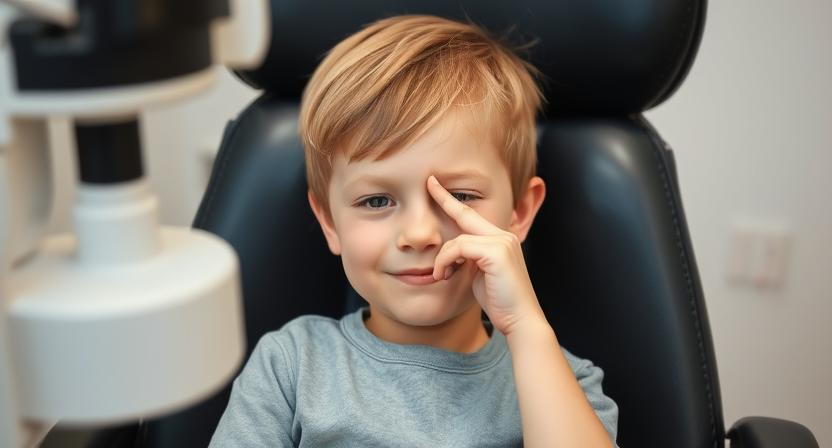 Kind in der Sehschule wartet auf den Kinderaugenarzt und hält sich ein Auge zu