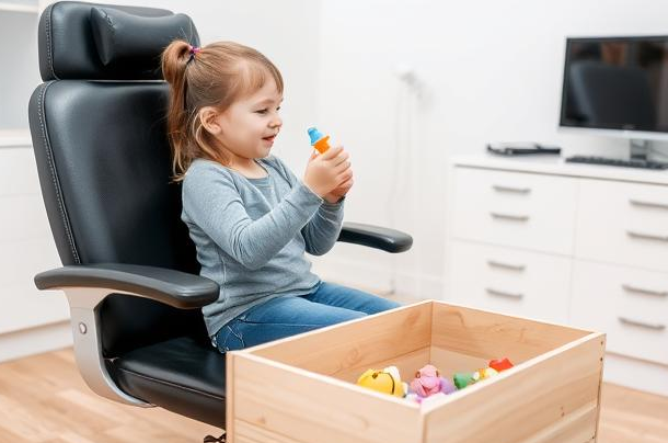 Kind nach der Augenuntersuchung in der Kindersprechstunde darf sich ein Spielzeug aus der Kiste der Sehschule nehmen