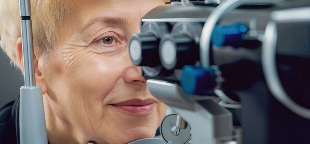 Patientin bei augenärztlicher Lasertherapie mit modernem Augenlaser